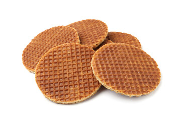 Tasty round Dutch waffles isolated on white