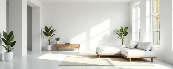 Sleek white walls, sparse furniture, natural light, clean lines, zen