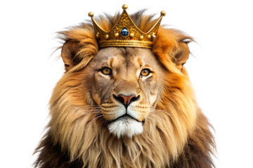 A majestic lion wearing a royal crown, isolated on bright white background PNG.AI GENERATED