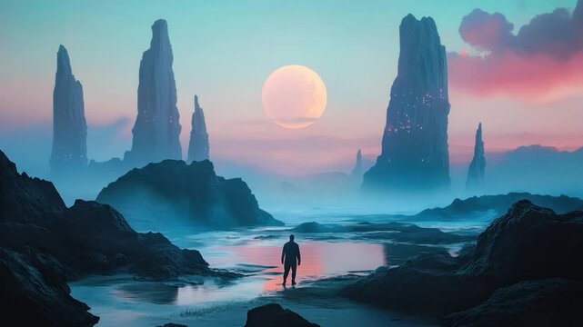 Solitary figure on alien beach at sunrise