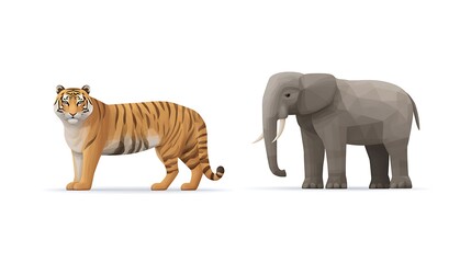 Fototapeta premium Geometric Animal Designs Featuring Tiger and Elephant in Modern Low-Poly Style for Creative Projects