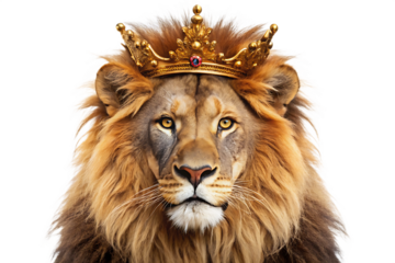A majestic lion wearing a royal crown, isolated on bright white background PNG.AI GENERATED