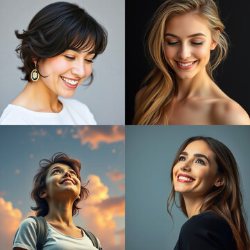 Connection of Diverse Happy Smiling Young Women Portraits