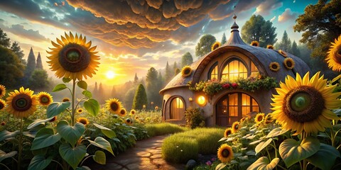 Fototapeta premium Earthship Sunflower Home: Cute, Earthy Hippie Dwelling Illustration