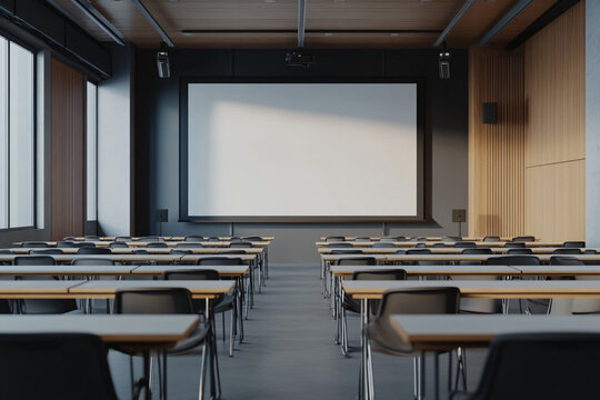Modern empty classroom lecture hall with large screen and wooden accents