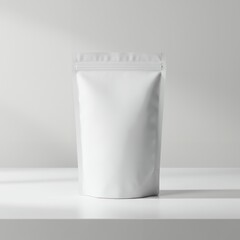 Realistic stand-up foil pouch mockup with clean, minimalist lighting. Matte finish packaging on a white surface with soft shadows &mdash; ideal for food, coffee, or branding presentations