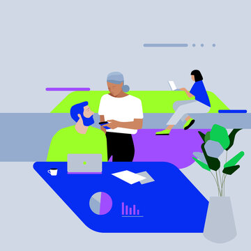 coworking space
team collaboration
office illustration
modern workplace
business meeting
flat design
minimalist vector art
corporate diversity
data presentation
creative workspace
reading at