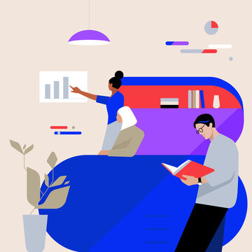 coworking space
team collaboration
office illustration
modern workplace
business meeting
flat design
minimalist vector art
corporate diversity
data presentation
creative workspace
reading at