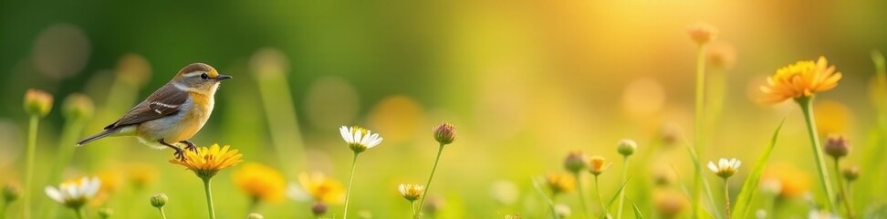 Fototapeta premium Delicate wildflowers, tiny bird perched, sunlit meadow background , pink, pastel, delicate