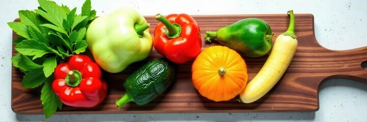 Vibrant vegetable & spice arrangement on rustic wooden board, white stone backdrop , food photography, lunch