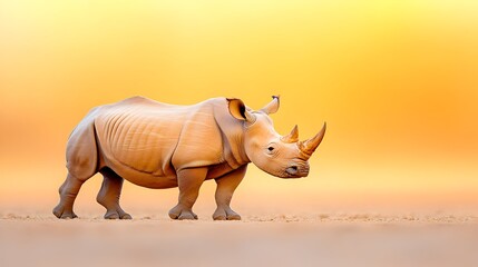 Fototapeta premium A white rhinoceros stands in a golden field at sunset