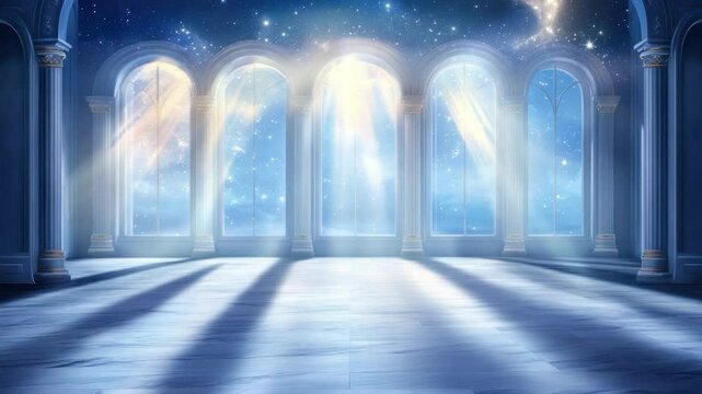 Nighttime palace hall with starry windows