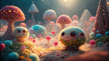 A whimsical landscape filled with cute, colorful creatures and vibrant mushrooms, creating a magical and enchanting atmosphere.