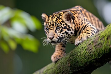 Naklejka premium A young jaguar cub with a spotted coat walks on a moss covered tree branch with green foliage in the background