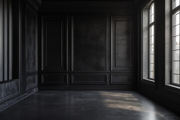 Fototapeta premium Dark room with paneled walls and large windows sunlight streams across floor