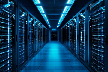 Data center server room glowing blue lights technology infrastructure