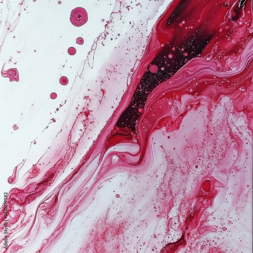 Poster abstract fluid art in deep red and white creating a dynamic and flowing pattern on canvas with a mod