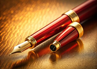 Elegant Red & Gold Fountain Pen: Aerial Luxury Stationery Photography