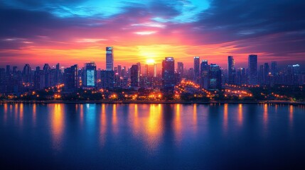 Fototapeta premium City skyline at sunrise over river