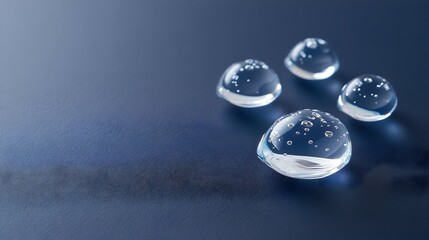 Four clear water droplets on a blue surface