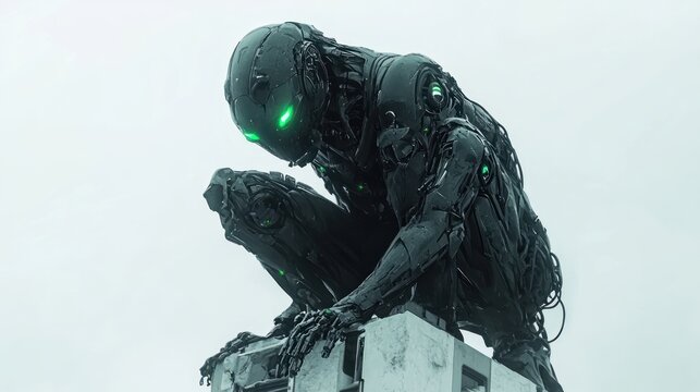 Futuristic robot crouched on a grey structure, mysterious and ominous, suitable for science fiction or fantasy backgrounds