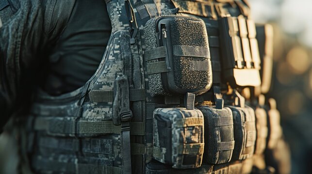Close-up tactical vest, military gear, combat equipment