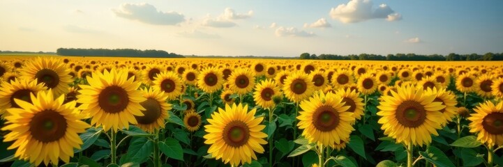 Obraz premium Golden sunflowers stretching to horizon, aerial view, sunflowers, countryside
