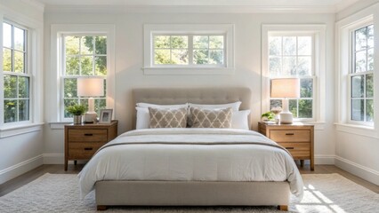 A bright, modern bedroom featuring large windows, light-colored walls, a comfortable bed, and stylish bedside tables with lamps.