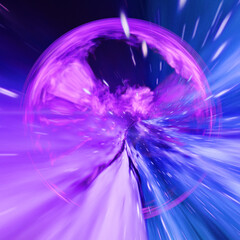 A high-energy dimensional portal opens in space, unleashing radiant purple and blue light in a swirling burst of cosmic velocity, evoking interstellar wormhole travel.