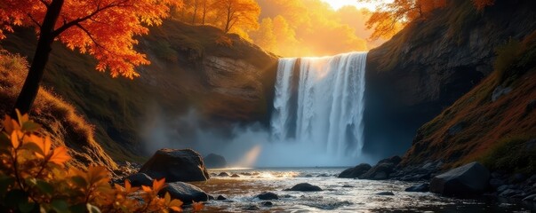 Golden sunlight illuminates a majestic waterfall, surrounded by fiery autumn foliage , majestic, illumination, powerful