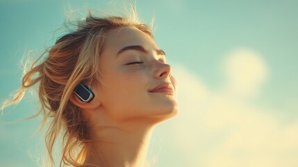 A profile view of a smiling woman with braided hair, wearing wireless earbuds.