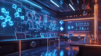 Futuristic laboratory with holographic displays.  Advanced scientific research facility featuring interactive displays, various technological equipment, and modern lab furniture