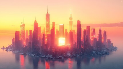 Fototapeta premium City skyline silhouette against a bright orange and yellow sunset over water.