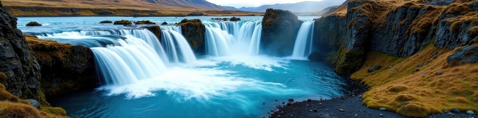Icelandic Bruarfoss waterfall, vibrant blue water cascading over mossy rocks , waterfall, wild, glacier