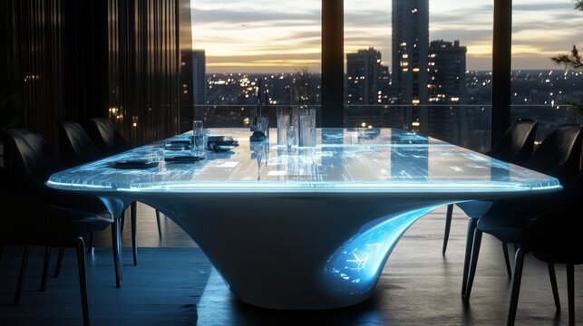Futuristic, interactive table in a modern city rooftop restaurant.  Transparent, glowing table top displays digital data and city lights.  Elegant, sleek design