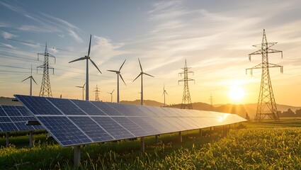 Solar panels and wind turbines in a field at sunset with power lines in the background