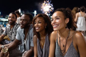 Fototapeta premium A group of friends captured mesmerized by brilliant fireworks erupting in the sky, creating a magical moment filled with joy and connection during a nighttime celebration.