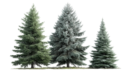 A trio of lush conifer trees in varying heights. transparent background