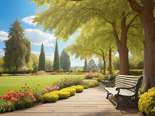 "Vibrant Garden on a Sunny Day with Lush Greenery and Blooming Flowers – Illustration"