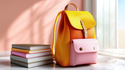 Bright backpack and stack of notebooks and textbooks on table near sunlit window, background education , back to school , learning theme