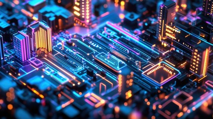 Obraz premium Nighttime view of a vibrant cityscape featuring illuminated buildings and winding roads