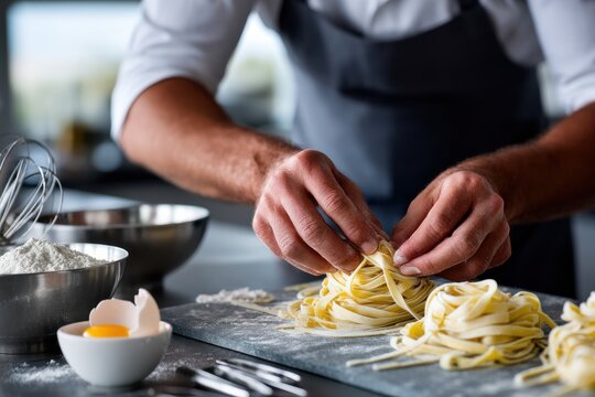 A skilled chef focuses intently on creating fresh pasta by hand, showcasing the artistry of traditional cooking combined with modern culinary techniques in a stylish kitchen.