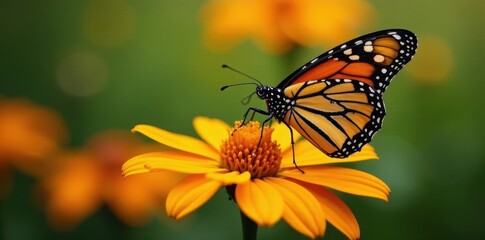 Monarch butterfly on bright orange coneflower, dew drops on petals , detail, morning, macro