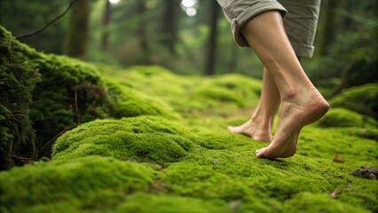 A person walks barefoot on lush green moss in a serene forest, connecting with nature in a tranquil setting.