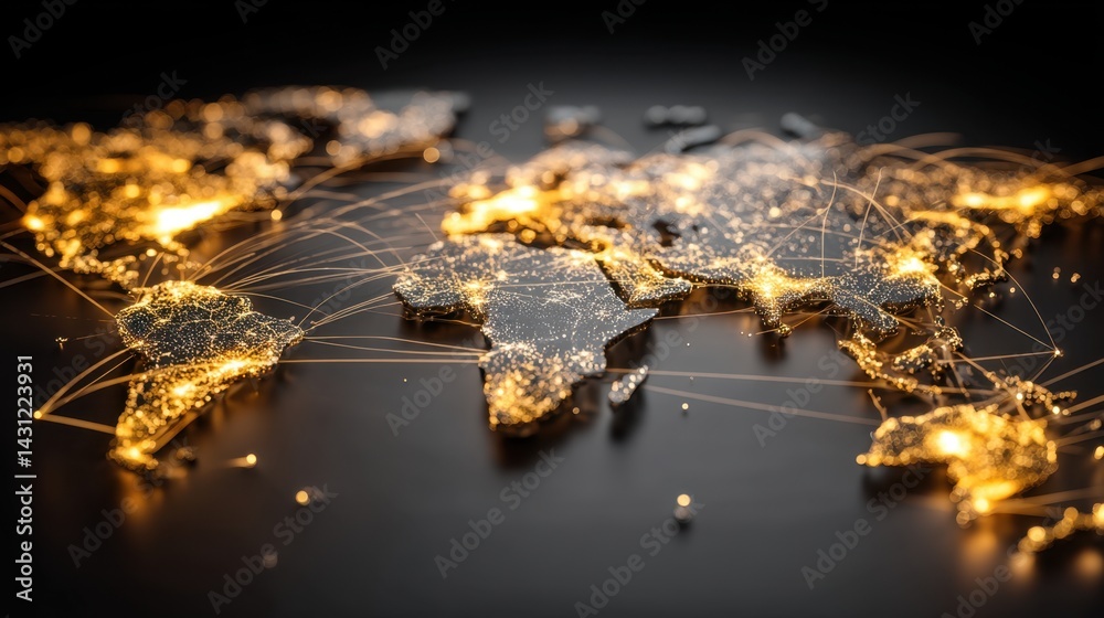 Poster global connectivity network illuminating world map on black background depicting international relat