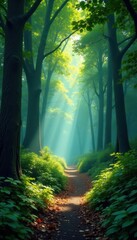 Obraz premium Mystical forest lane, dappled light, foliage canopy, scenic, fantasy, peaceful