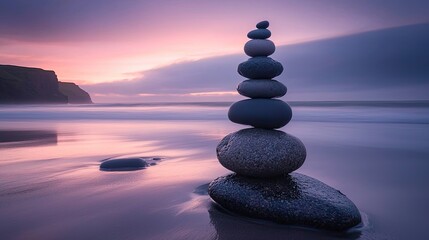 Serene coastal scene with balanced stones at sunset.