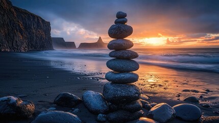 Balanced stones on a beach at sunrise, highlighting serenity and natural beauty.