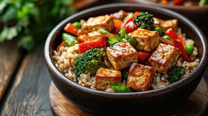Fototapeta premium Delicious Tofu Stir-Fry with Brown Rice and Mixed Vegetables
