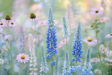 Obraz premium Delicate pastel wildflowers in a meadow. Soft focus captures the beauty of a variety of light pink, light blue and light purple blossoms in a natural setting